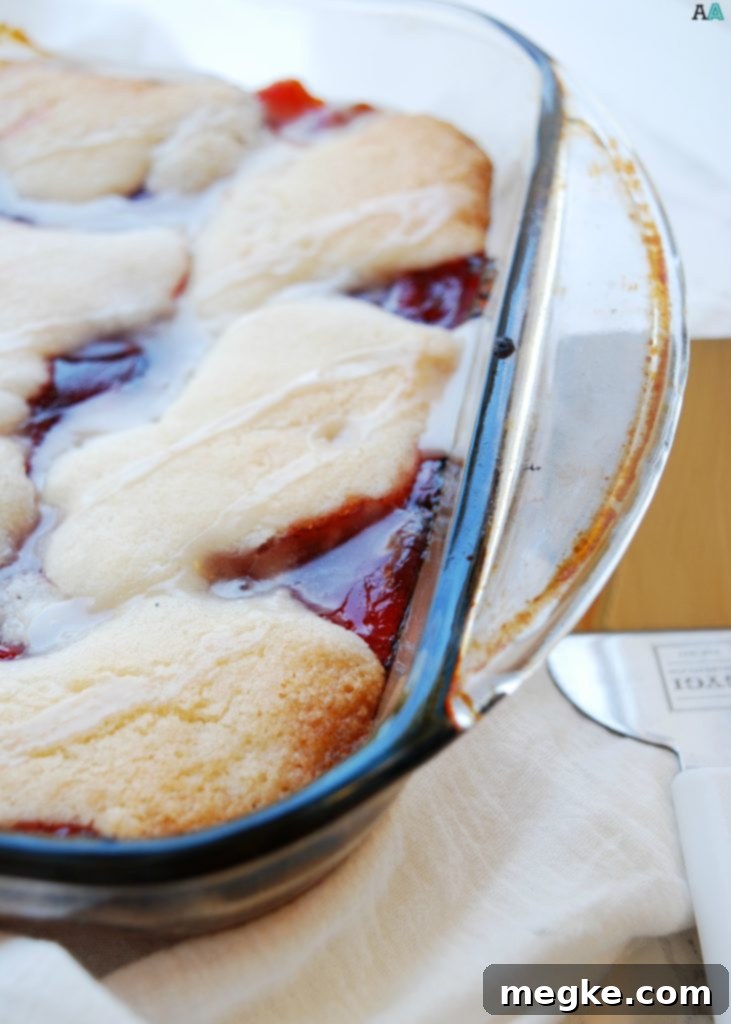 A side view of a slice of vegan cherry cobbler, showcasing the layers of golden cake and rich cherry filling, ready to be enjoyed.