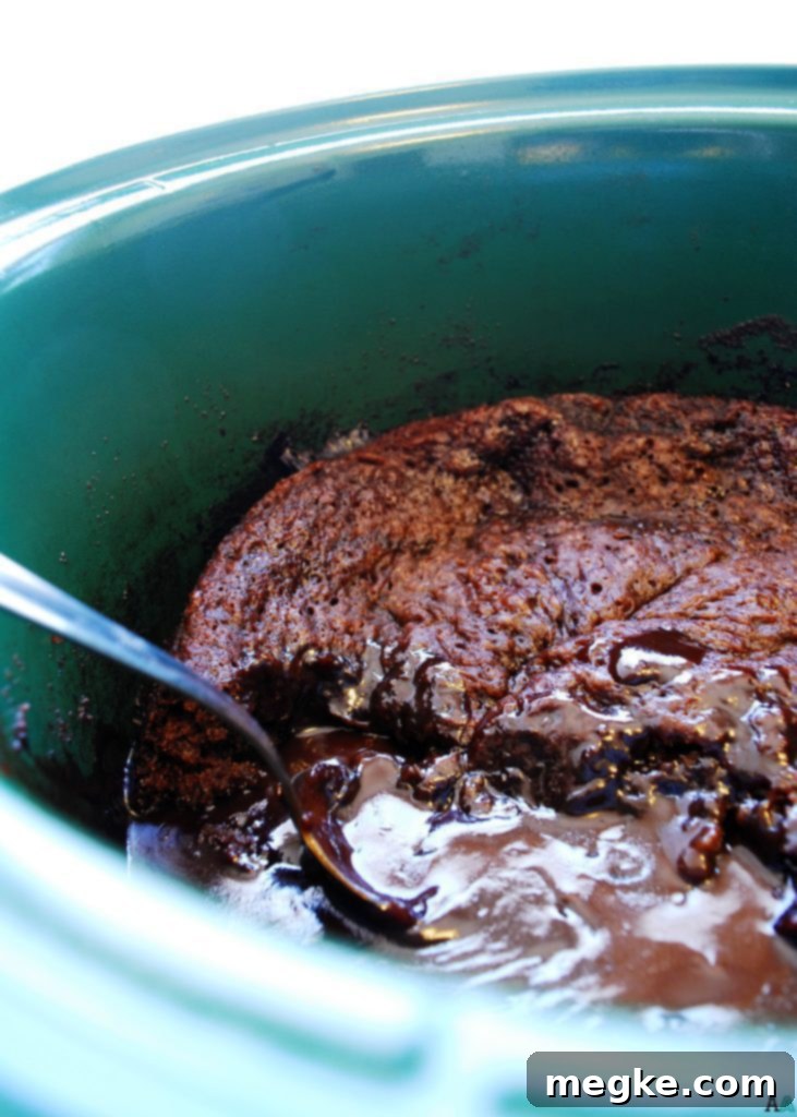 Decadent Allergy Friendly Vegan Slow Cooker Chocolate Lava Cake 4 Delicious Slow Cooker Chocolate Lava Cake ready to be served, showing the moist cake and rich pudding