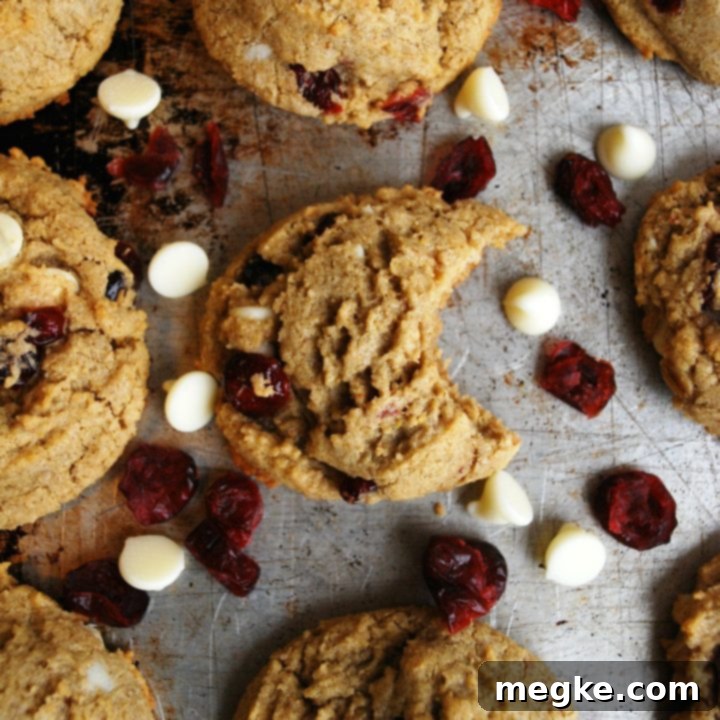 Top Allergen-Free White Chocolate Craisin Cookies 7 Gluten-free, dairy-free white chocolate craisin cookies on a baking sheet, ready to be enjoyed.