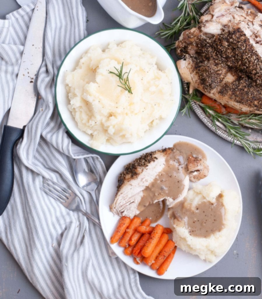 Perfectly Creamy Vegan Mashed Potatoes 67 Creamy dairy-free mashed potatoes with gravy, served as a Thanksgiving side dish