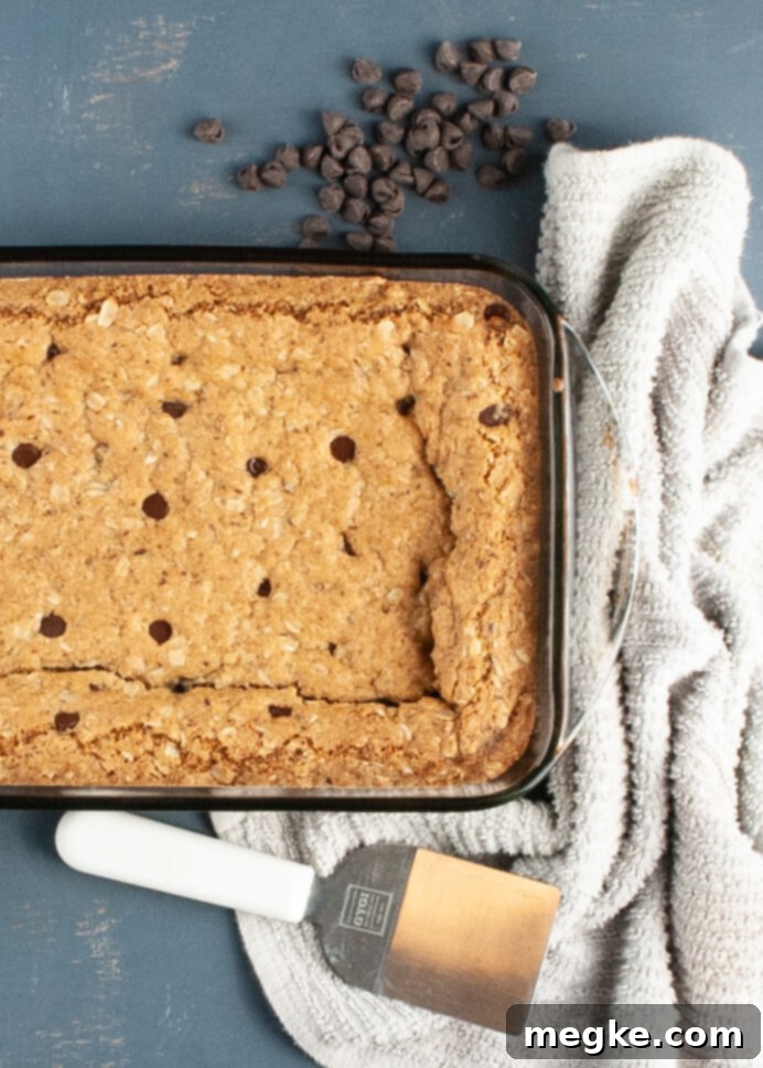 Indulgent Gluten Free Vegan Oatmeal Chocolate Chip Bars 3 gluten-free-dairy-free-oatmeal-chocolate-chip-bars baked in a pan