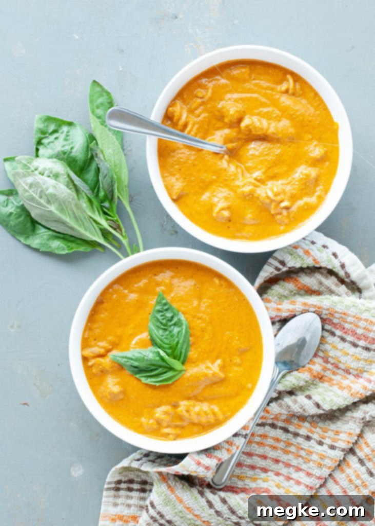 Creamy Vegan Tomato Basil Soup 17 Delicious gluten-free vegan tomato basil soup in a bowl with gluten-free pasta
