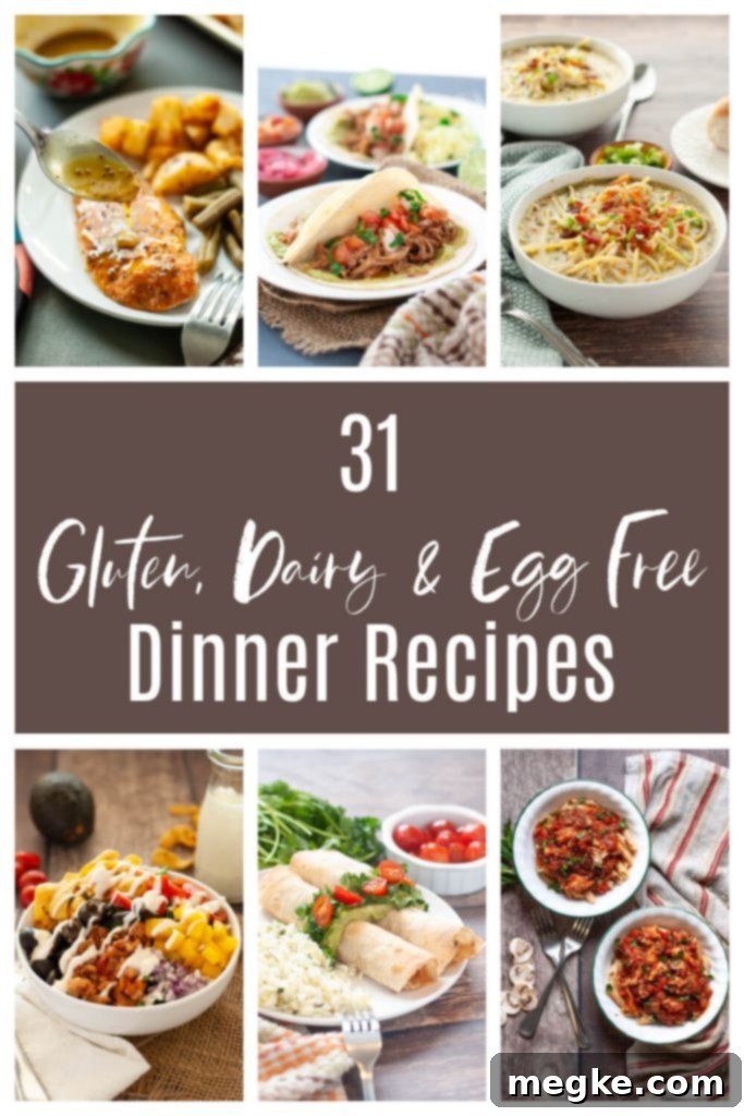 Wholesome Gluten Free Dairy Free Egg Free Dinner Ideas 2 Collage of various gluten-free, dairy-free, and egg-free dinner recipe ideas for allergy-friendly meals by Allergy Awesomeness