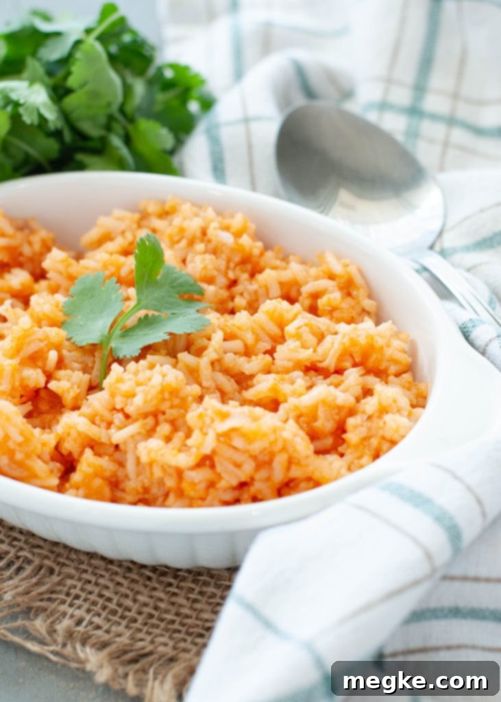 Gluten-Free Dairy-Free Mexican Rice Recipe Video 11 gluten-free-mexican-rice-in-a-white-dish-with-a-cilantro-garnish