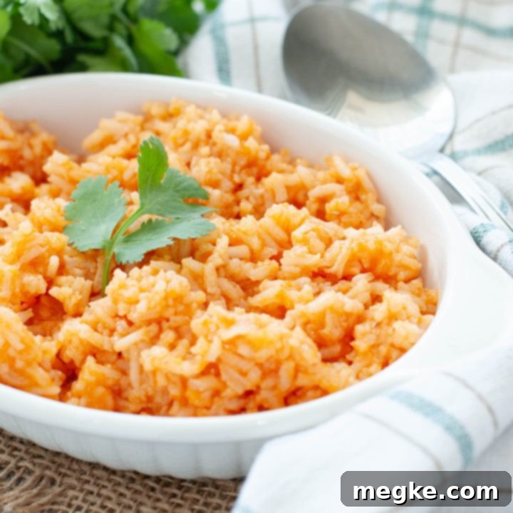 Gluten-Free Dairy-Free Mexican Rice Recipe Video 7 gluten-free-mexican-rice-in-a-white-dish-with-a-cilantro-garnish