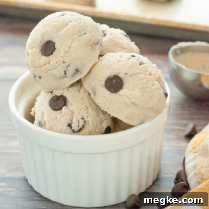 Easy Gluten Free Egg Free Edible Cookie Dough Recipe 8 scoops-of-raw-chocolate-chip-cookie-dough-in-a-ramekin