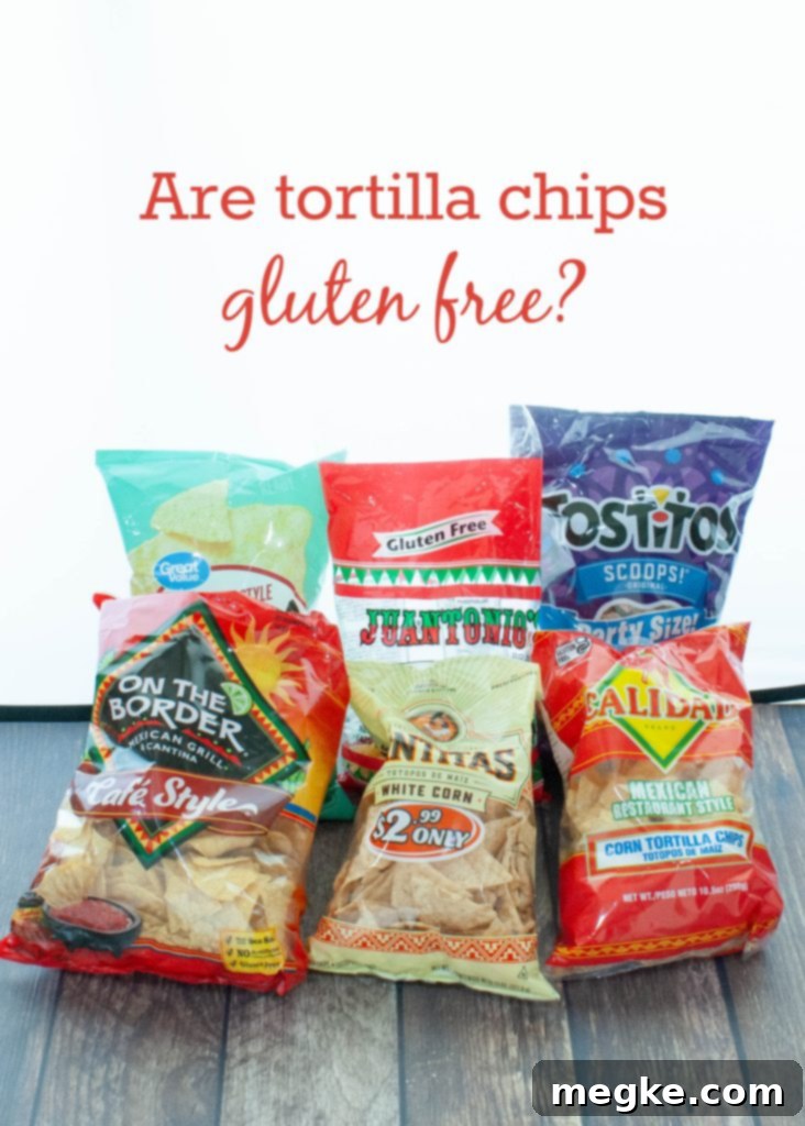 The Truth About Tortilla Chips and Gluten 2 are tortilla chips gluten free text with various bags of different brands below